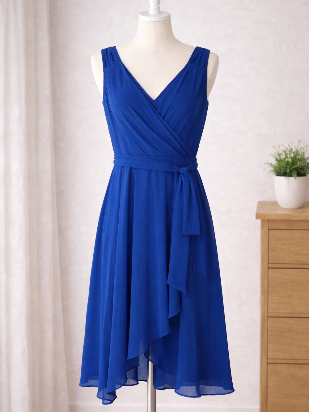 DKNY Royal Blue High-Low Wrap Dress with Waist Tie S